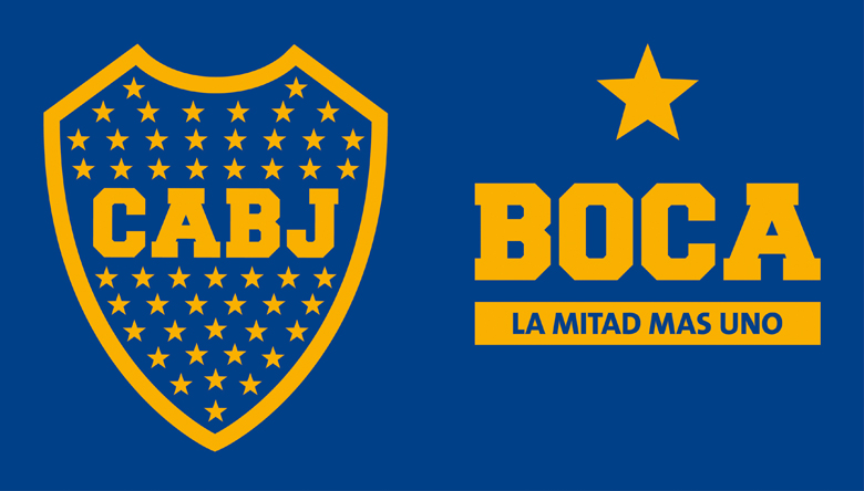 Marca Boca con claim y escudo (fondo azul)
